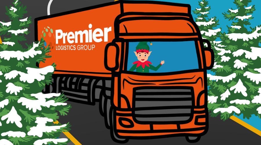 a drawing of an orange haulage truck with an elf driving