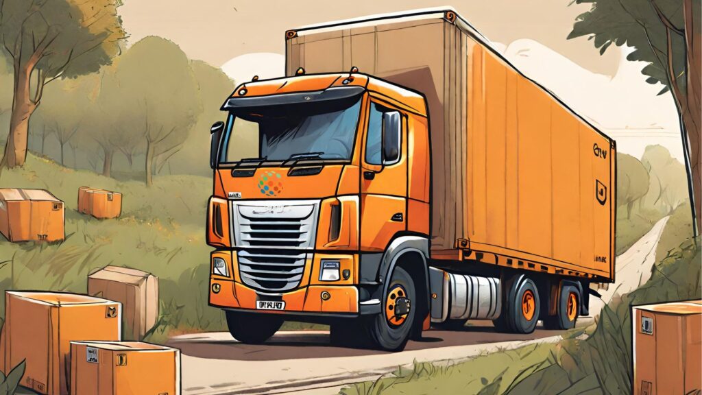 A drawing of an orange Premier Logistics truck in the countryside surrounded by orange boxes