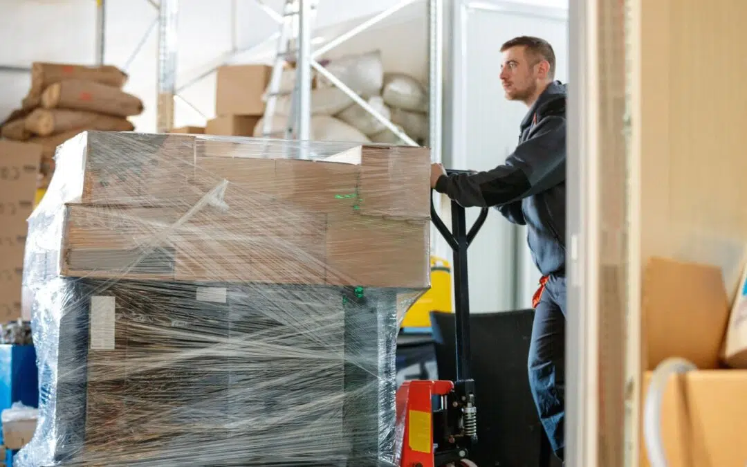 a man operating a pallet lifting device