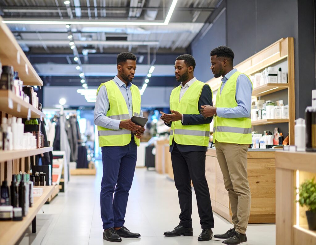 Three male workers in high vis jackets talking in the middle of a cosy shop that sell luxury skincare and clothes, representing BRC accreditation in the retail industry