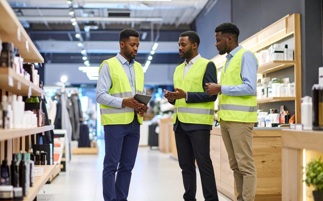 Three male workers in high vis jackets talking in the middle of a cosy shop that sell luxury skincare and clothes, representing BRC accreditation in the retail industry
