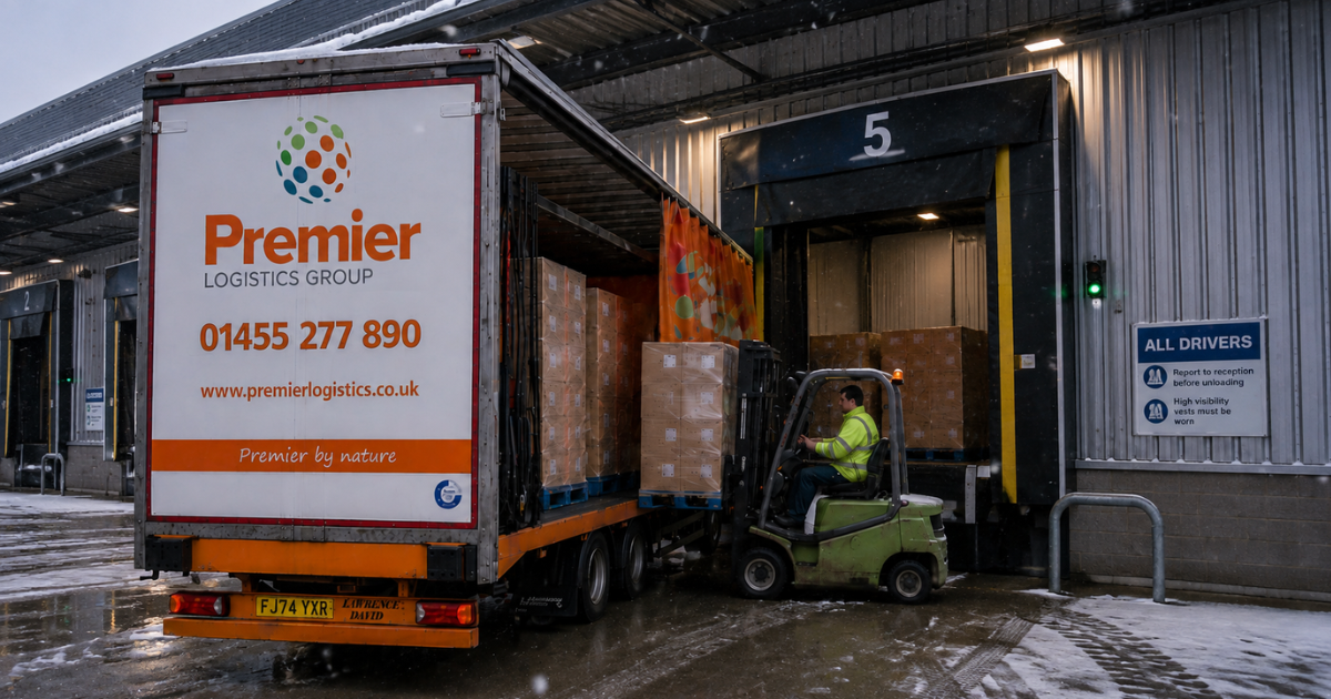Pallets of packaging materials stored in a modern warehouse ready for nationwide Christmas distribution.