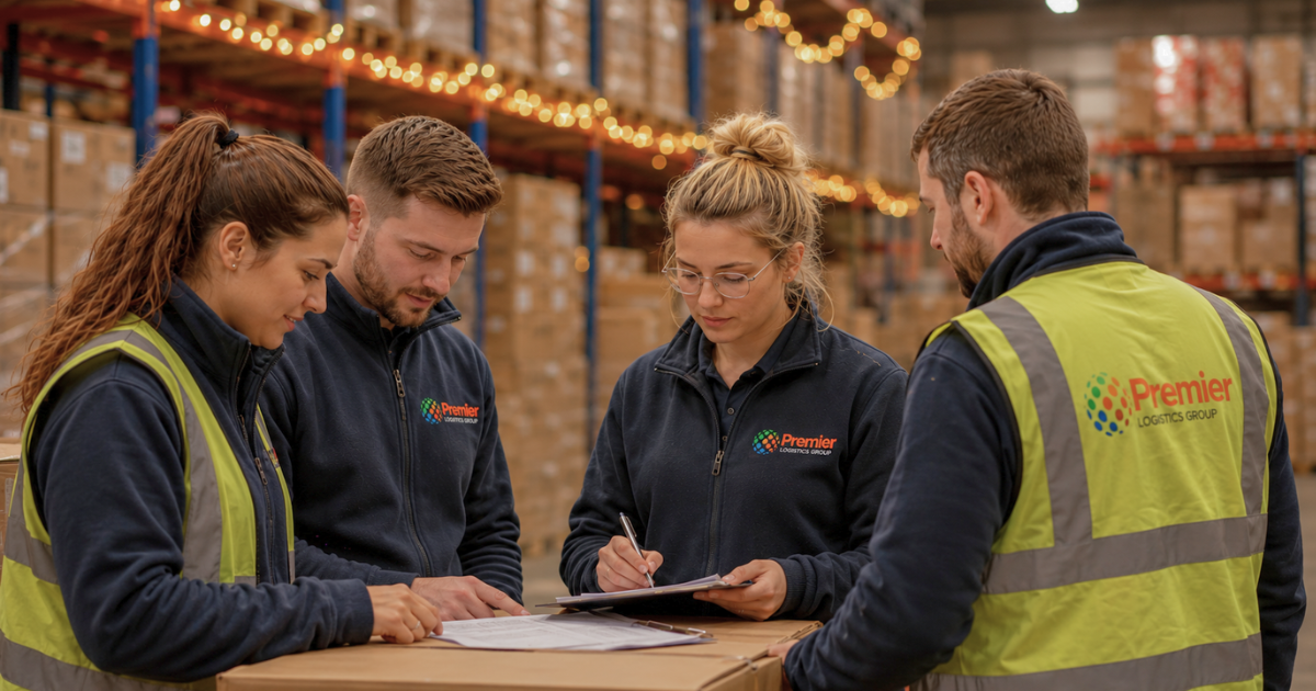 Warehouse team preparing pallets for peak season logistics and Christmas distribution.