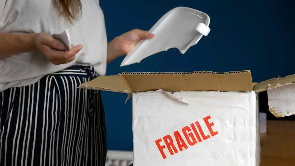 An open box with 'fragile' written on the side and a woman pulling out a broken plate