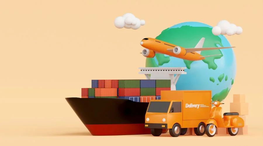 an animation of a ship, plane, truck and motorbike in front of a globe