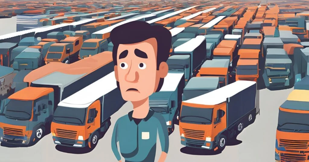 cartoon of a confused person in front of countless trucks and lorries